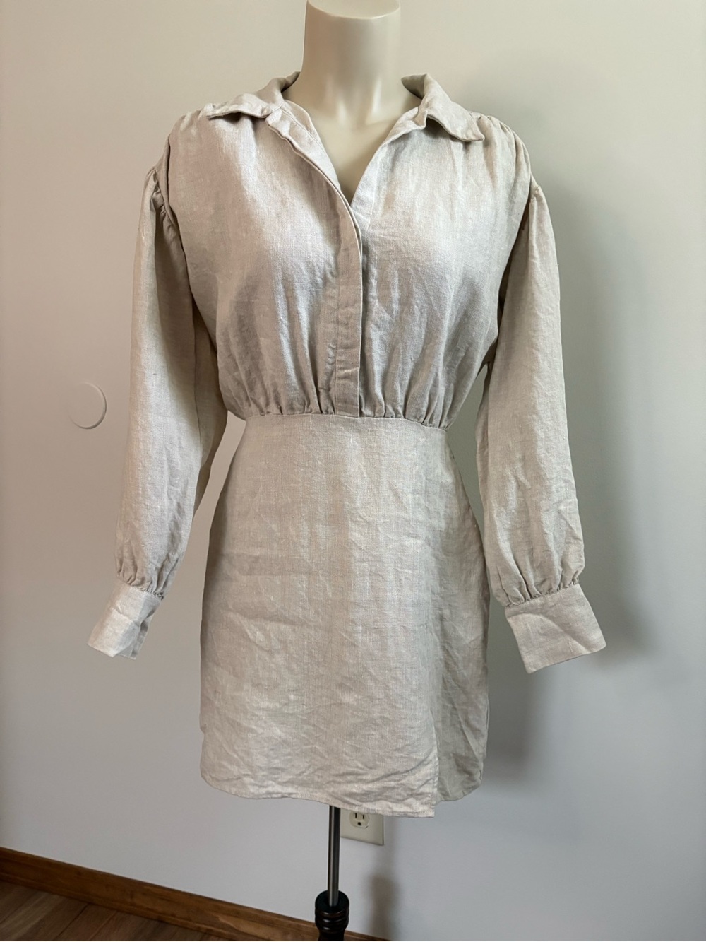 & Other Stories Relaxed Linen Voluminous Bodice Mini Neutral Dress Size 2